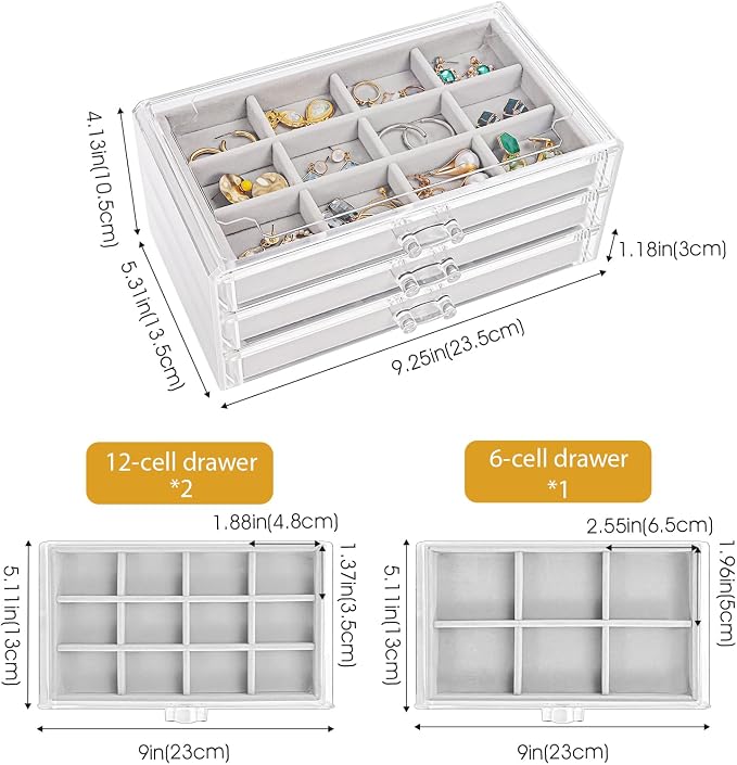 ProCase Earring Holder Organizer Jewelry Box with 3 Drawers, Acrylic Clear Earring Case with Adjustable Velvet Trays for Women - Grey, 3 Layers - Image 4
