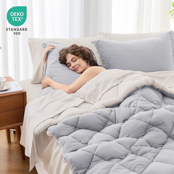 MUXHOMO 7 Pieces Queen Comforter Set, Reversible Bed in a Bag Queen Size, All Season Bedding Set with Comforter, Flat Sheet, Fitted Sheet, Pillowcases & Shams, Light Grey & Beige