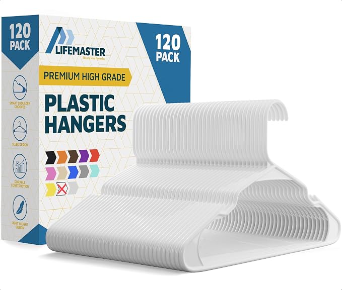 Lifemaster Plastic Clothes Hanger Set - 120 Pieces Versatile, Lightweight, Space-Saving, Non-Slip, Slim Designed, Dry and Wet Clothes Hanger Set - White by LIFEMASTER