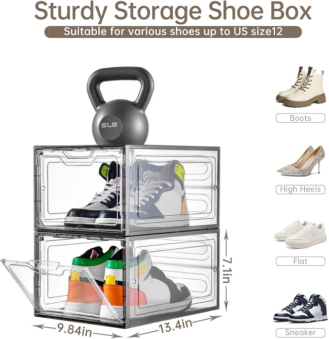 12 Pack Shoe Boxes Shoes Organizer, Shoe Storage Organizer Boxes with Magnetic Door, Clear Shoe Organizers Sneaker Storage Shoe Box for Women/Men, Fit up to US Size 12 - Image 2