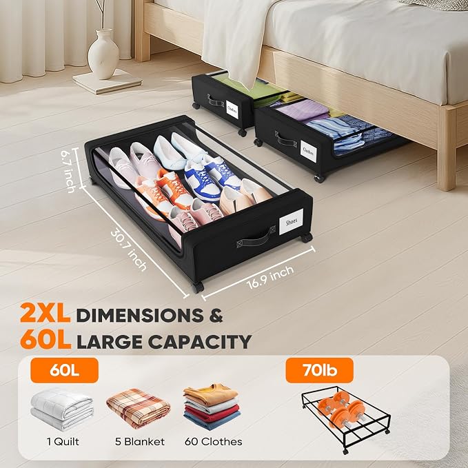 Camkey® Under Bed Storage with 360° Wheels, 2-Pack, 60L Low-Profile Rolling Underbed Bins for Clothes, Shoes, Toys & Books,Easy Pull-Out, Dust Protection, Space-Saving Organizer for Bedroom/Dorm,Black - Image 2