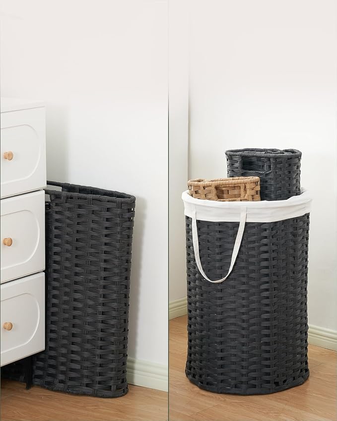 SETVSON Laundry Basket with Lid Round Rattan Laundry Hamper with Lid and Handles 29.1 Gal (110 L) Handwoven Woven Basket with Removable Bags and 2 Mesh Bags for Bathroom Living Room Black - Image 5