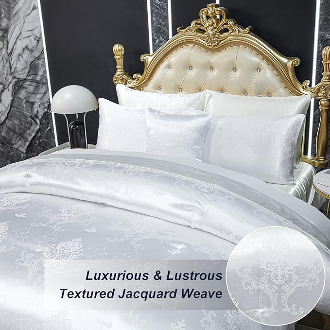 Jacquard Comforter Set White Sheet Set Satin Bedding Set Queen 8 Pcs Vintage Neoclassical Floral Bed Home Decor Soft Comforter Luxury Hotel Silky Bed in a Bag with 1 Cushion Cover