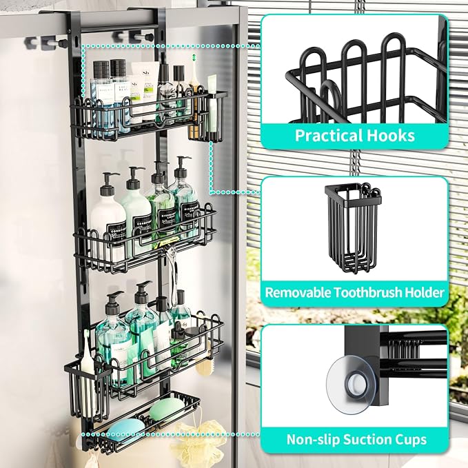 HapiRm 4 Tier Over the Door Shower Caddy, Hanging Shower Organizer with 22 Hooks and 2 Toothbrush Holders, No Drilling Adjustable Hanging Shelves for Bathroom Storage - Black - Image 3