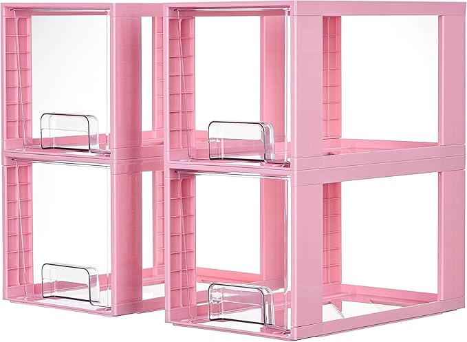 Vtopmart 4 Pack Large Stackable Storage Drawers,Pink,Easily Assemble Acrylic Bathroom Closet Undersink Organizers and Storage,Plastic Bins for Kitchen Cabinets,Pantry,Makeup,Medicine Organization by Vtopmart