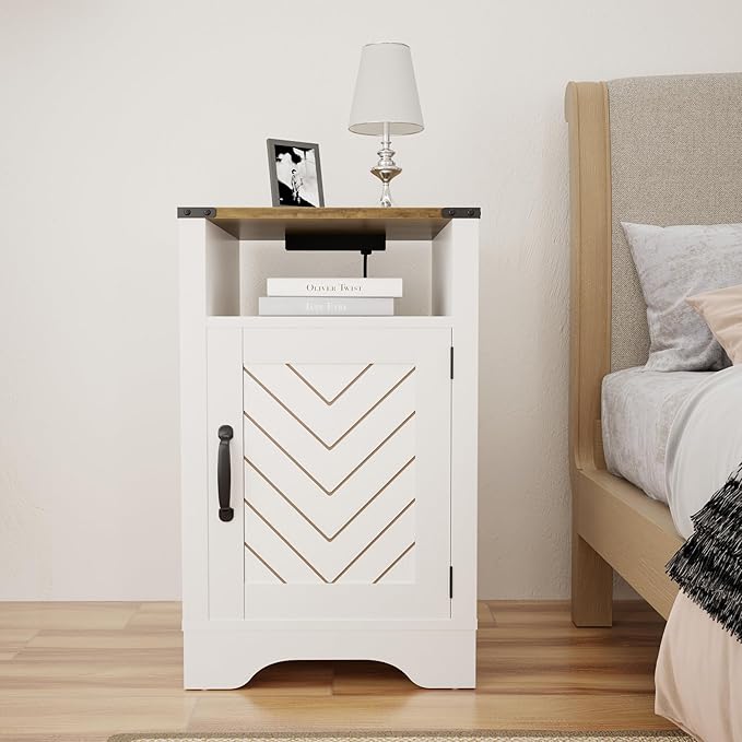 RoyalCraft 25" Tall Farmhouse Nightstand with Charging Station, White End Table with Storage, Large Wooden Rustic Bedside Table for Bedroom, White and Rustic Oak