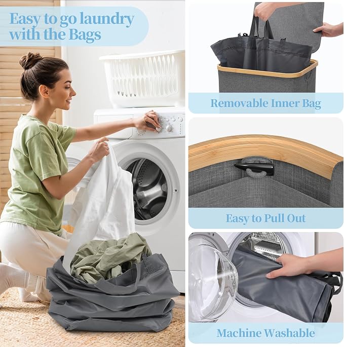 Yecaye 100L Large Capacity Laundry Hamper – Foldable Rolling Laundry Basket, Mobile Clothes Hamper with Wheels, Removable Inner Bag, Bamboo Handle Lid Laundry Bin – Multi-Use Storage,Grey - Image 6