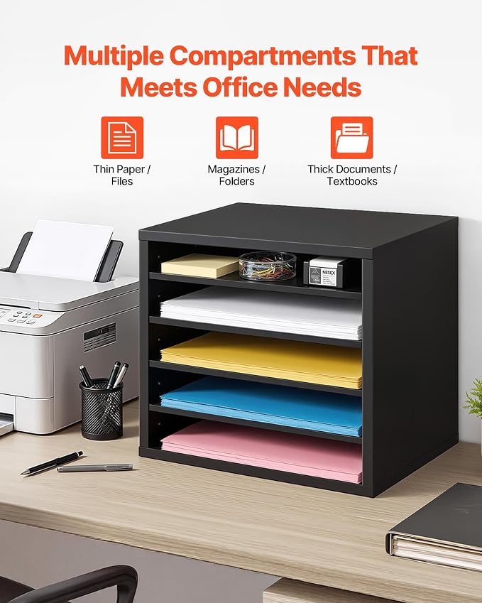 VEVOR Literature Organizer, 5 Compartments Office Mailbox with Adjustable Shelves, Wooden Mailbox Sorter with MDF, Countertop Office Home Classroom Storage Organizer for File, Document, Paper, Black - Image 7