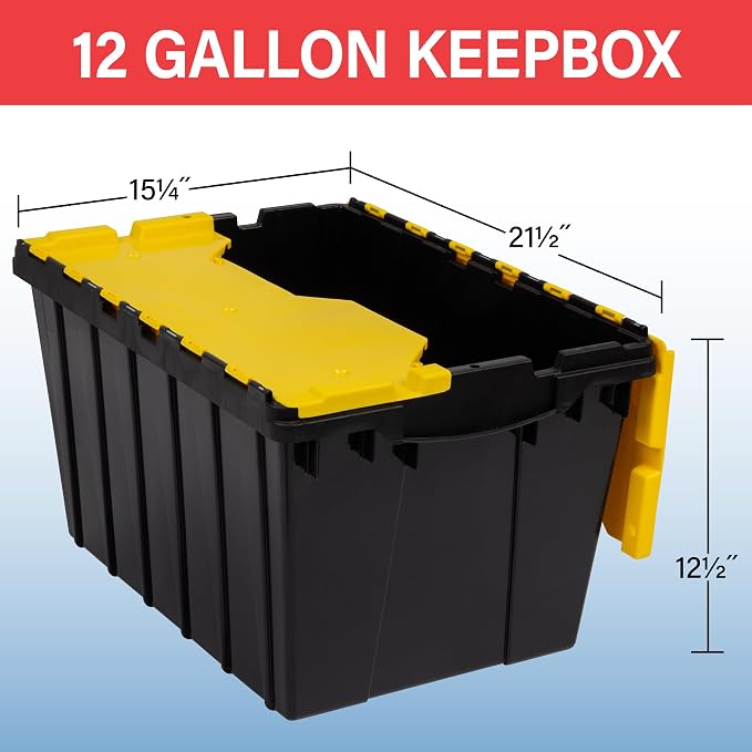 Akro-Mils KeepBox 12 Gallon Storage Container, Nesting and Stackable Plastic Storage Box with Lid Attached, Organizer Tote for Garages, Closets, Moving, 21-1/2" x 15" x 12-1/2", Black/Yellow, 6-Pack - Image 3
