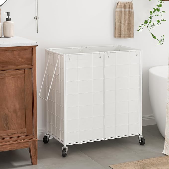 WOWLIVE Double Laundry Hamper with Wheels,Metal Wire Frame Rolling Laundry Basket with 2 Removable bags,120L Dirty Clothes Hamper Organizer Dorm Room Storage for Bedroom,Bathroom,White - Image 2