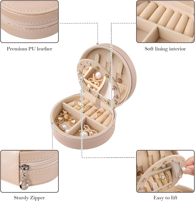 ProCase Travel Size Jewelry Box, Mini Portable Seashell-Shaped Jewelry Case with Mirror, 2 Layer Organizer in PU Leather for Women -Champagne - Image 5