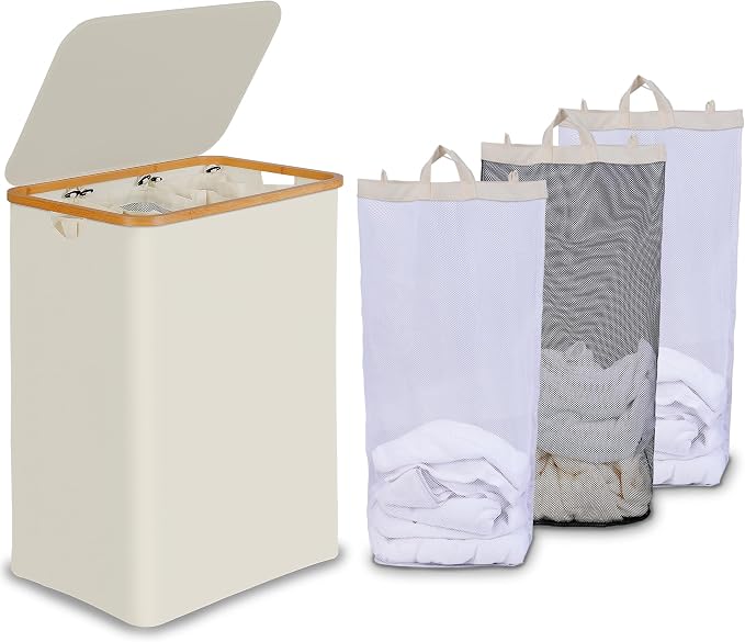 efluky Laundry Hamper with Lid, Trio Laundry Hamper with 3 Removable Bags, 3 Section Laundry Basket with Bamboo Handles for Bathroom, Bedroom & Laundry Room, 160L Beige by efluky
