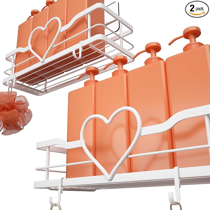 White Shower Caddy with 4 Removable Hooks, 2 Pack Sweet Heart Shower Shelves,No Drilling Adhesive Organizer Shelf for Bathroom Shower,Kitchen,Bedroom by FLCITYYOURHOMEDECORVENDOR