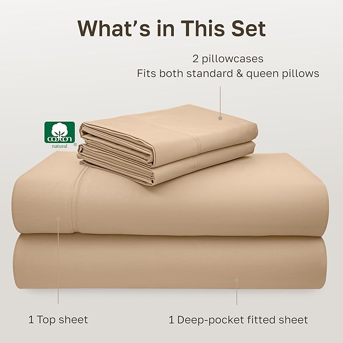 California Design Den 600 Thread Count Sheets Queen 100% Cotton Sateen, Soft, Deep Pocket Sheet, Bedding Sheets & Pillowcases (Golden Tan)