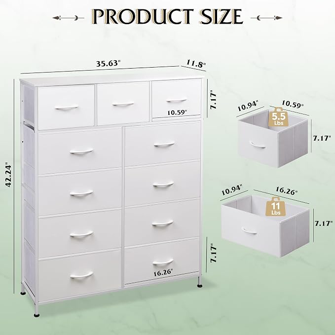 WLIVE Tall Dresser for Bedroom, Fabric Dressers Storage Tower, Dresser & Chest of Drawers Organizer Unit with 11 Drawers, Storage Cabinet, Hallway, Closets, Steel Frame, Wood Top, White - Image 3
