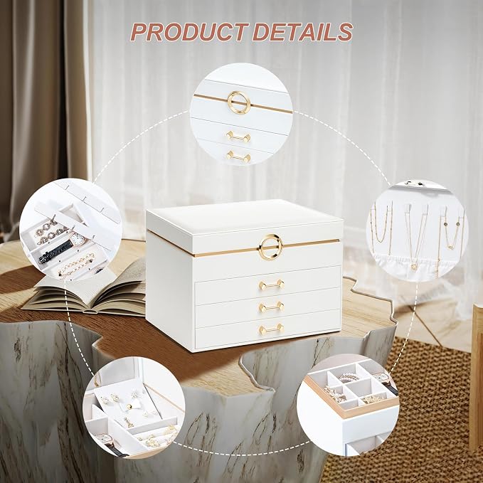 Jewelry Box for Women,4-Layer Leather Jewelry Holder Organizer with 3 Drawers Large Jewelry Storage Boxes, Lots of Storage Space For Ring,Necklace,Bracelets,Earring（White） - Image 7