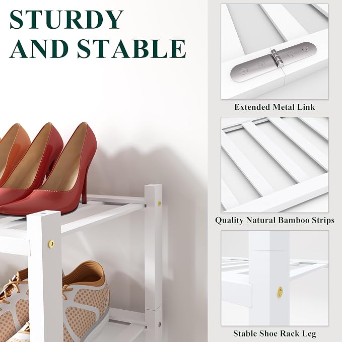 Smiry Shoe Rack, 4 Tier Long Bamboo Shoe Organizer, Stackable Free Standing Wooden Shoe Storage Shelf for Closet, Entryway, Front Door Entrance, White - Image 3