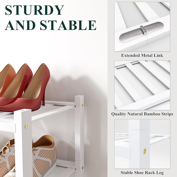 Smiry Shoe Rack, 6 Tier Long Bamboo Shoe Organizer, Stackable Free Standing Wooden Shoe Storage Shelf for Closet, Entryway, Front Door Entrance, White - Image 3