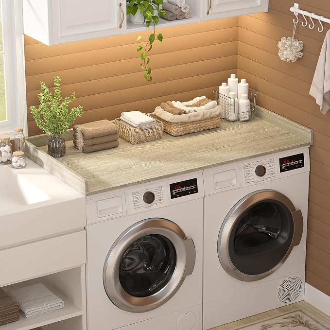 Aheaplus Washer and Dryer Countertop, Laundry Room Organization with Non-Slip Pads, Wood Shelf Topper with Round Corner Edge Rails, Folding Organizer for Laundry, 54" W x 27.5" D, White Oak - Image 5
