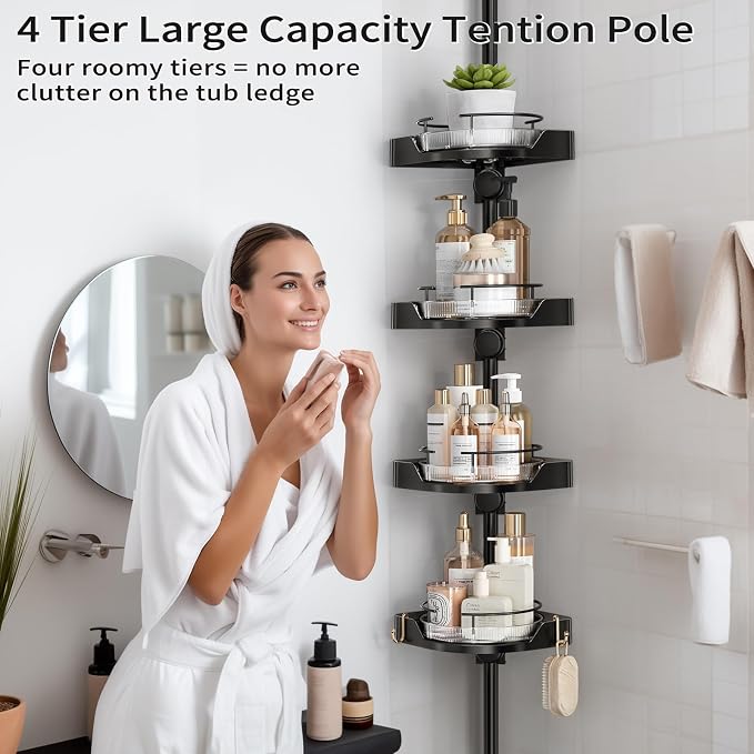 shuang qing 360° Rotating Corner Shower Caddy Tension Pole Organizer - 4-Tier Adjustable Rustproof Metal Pole, Plastic Shelves with Safety Guardrail, Bathroom Storage for Shower & Bathtub(Black) - Image 6