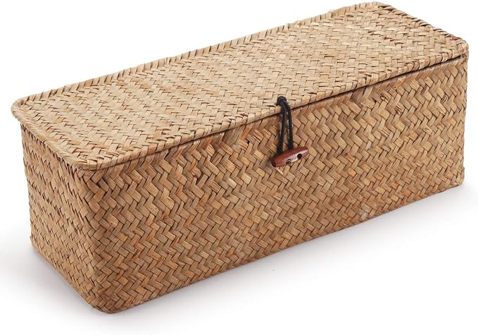 Seagrass Tank Basket with Lid Woven Toilet Roll Storage Basket with Sections Rectangular for Organize Snack Toys Tampon (Large Compartment 16.5inch L x 5.5inch W x 5.5inch H) Natural - Image 3