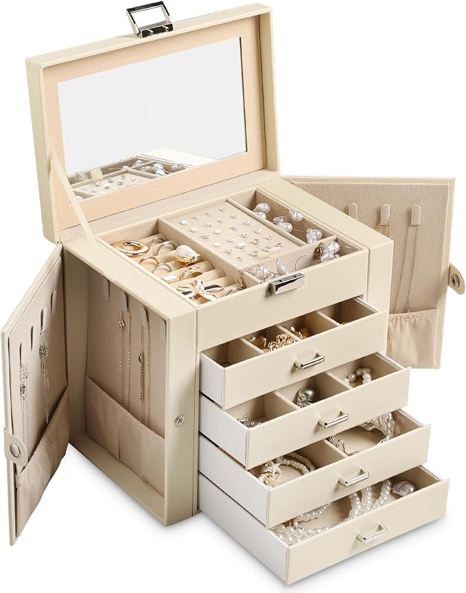 Frebeauty 5-layer Jewelry Box,Faux Leather Jewelry Organizer with 4 Drawers,Jewelry Organizers and Storage with Mirror,Jewelry Holder Organizer for Necklace,Jewerly Boxes for Women Girls(Beige) by Frebeauty