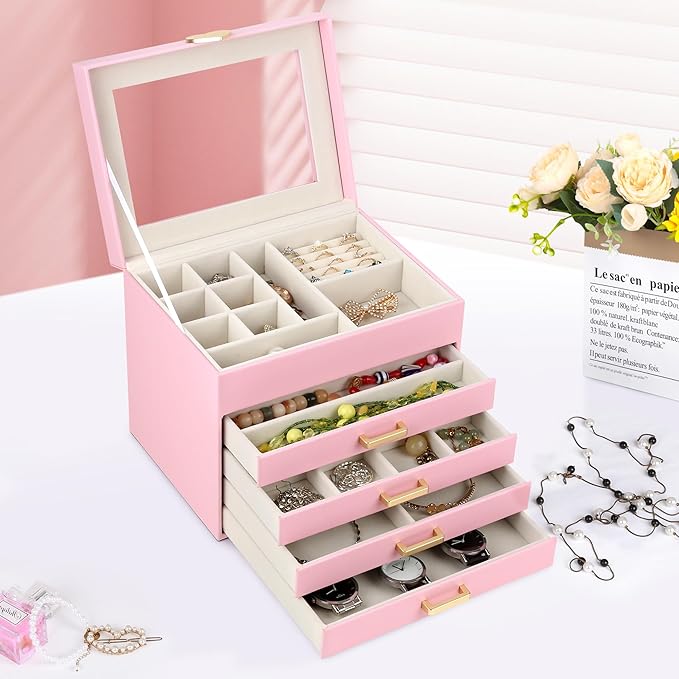 Kendal Jewelry Box, 5-Layer Jewelry Organizer Box with Glass Lid, Pink, Heart Shaped PU Leather, Storage Box for Necklace Earrings Rings Bracelets, Gift Idea for Girls LJC4DRPK - Image 5