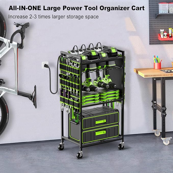 JUNNUJ Large Power Tool Organizer Cart with Charging Station, Garage Floor Standing Rolling Drill and Tools Battery Storage Cart on Wheels, Heavy Duty Rack Shelf with 8 Outlet 10 FT Power Strip, Green - Image 6