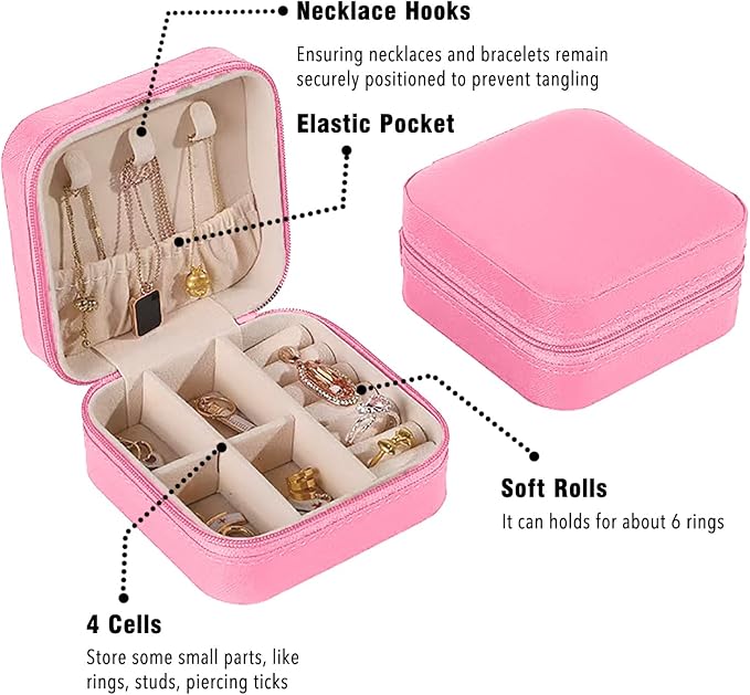 Small Travel Jewelry Box, Portable Mini Jewelry Leather Box Jewelry Ring Organizer Case Storage Holder Gift Boxes for Girls Women, Rose pink - Image 3