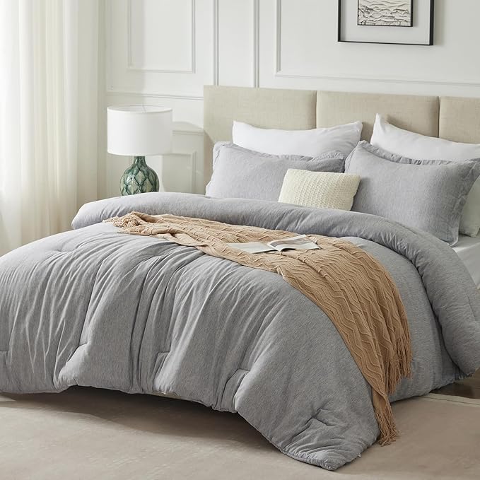 CozyLux Queen Comforter Set - 3 Pieces Light Grey Soft Luxury Cationic Dyeing Queen Comforter for All Season, Light Gray Breathable Lightweight Fluffy Bedding Sets with 1 Comforter and 2 Pillow Shams