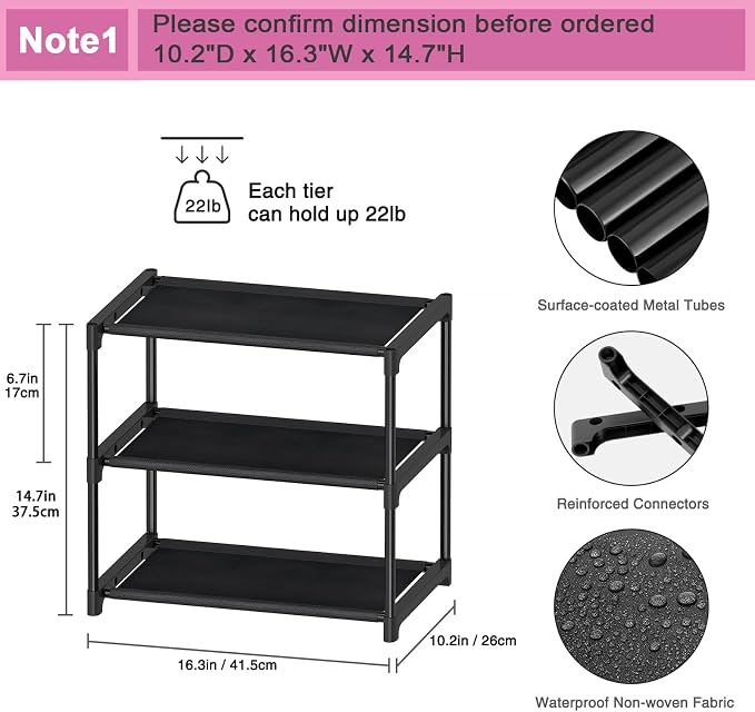 Autonomier 3 Tier Extra Small Shoe Rack (16.3" Wide), Narrow Stackable Shoe Shelf for Kids Toddler Adult, Ultra-Lightweight Shoe Rack Stand for Closet Dorm Bedroom Storage Organizer, Entryway - Image 3