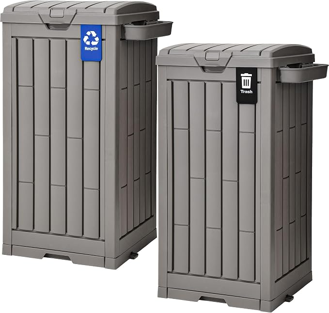 DWVO 38 Gallon Outdoor Trash Can, Set of 2 Resin Garbage Bins with Lids, Includes 2 Sorting Labels, Ash Holder, Stakes & Suction Cups, Hideaway Storage for Patio Backyard Garden, Light Brown by DWVO