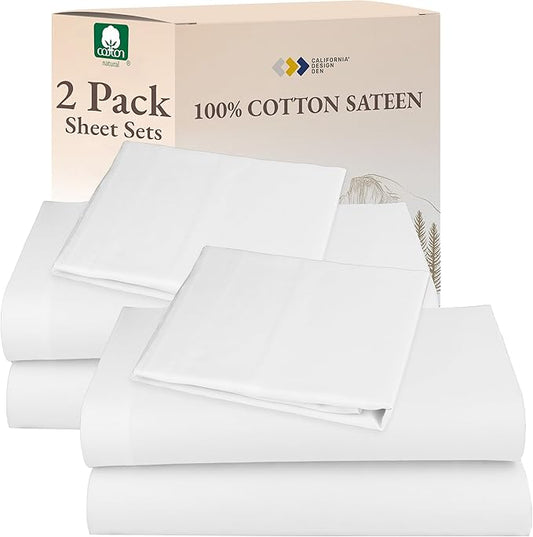 California Design Den 100% Cotton 2-Pack Extra Long Twin Sheets, Soft & Durable Twin XL Cotton Sheet Sets with 12" Pockets, Twin XL Sheet Set with Sateen Sheets (White)