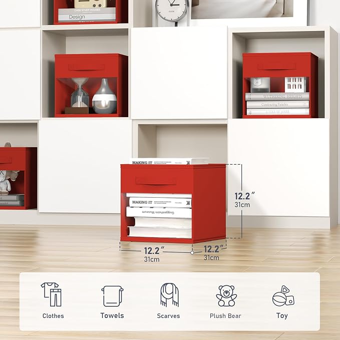 DIMJ Cube Bins, 12.2-Inch Storage Bins Cubes with Window, 6 Packs Collapsible Storage Bins with Handles, Closet Storage Baskets for Organizing Living Room, Office, 6 Pack,Red - Image 2
