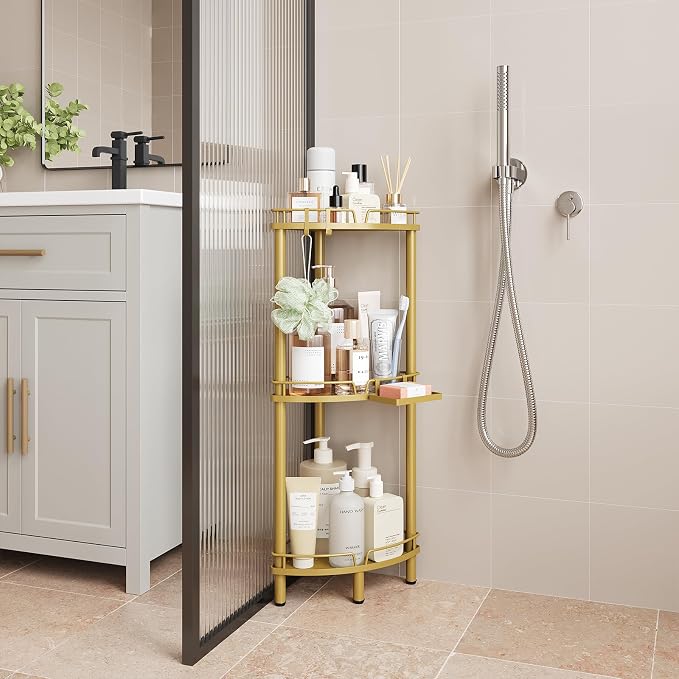 ELYKEN Corner Shower Caddy Standing, 3 Tier Rustproof Metal Shower Organizer with Soap Holder, Floor Shower Corner Shelf Rack Storage Stands with Adjustable Feet & 2 Hooks for Bathroom, Gold - Image 9