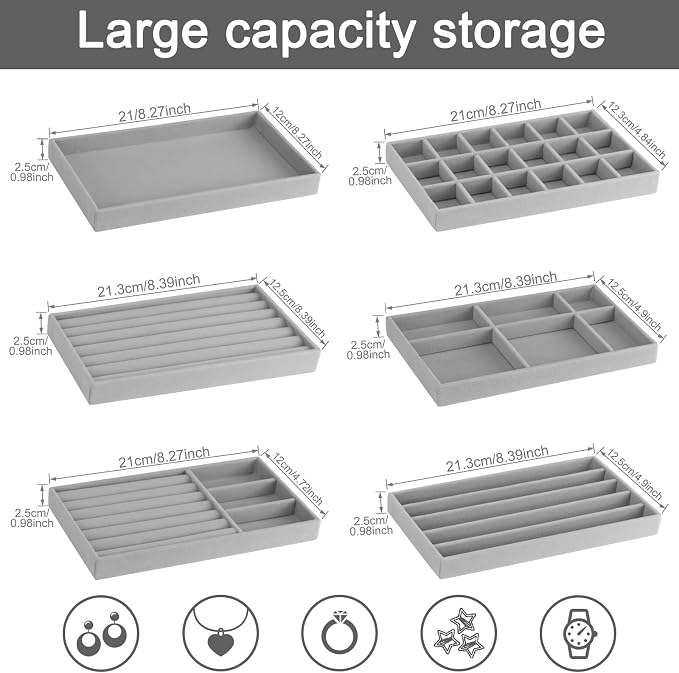 12Pcs Velvet Stackable Jewelry Trays, Jewelry Drawer Organizer, Large Removable Display Jewelry Tray, Necklace Bracelet Storage Box for Earring, Ring, Brooch, Watch (Grey) - Image 2