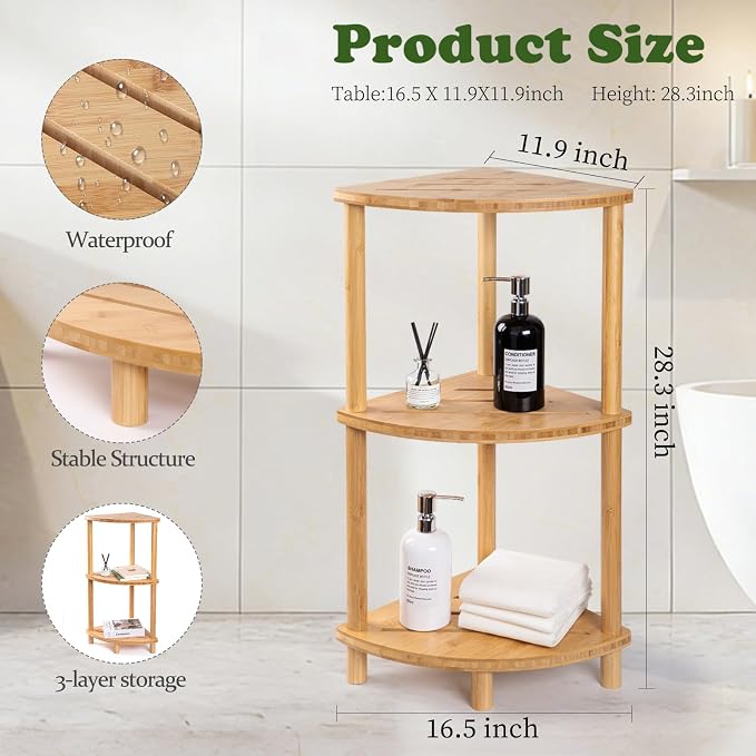 Corner Shower Caddy Stand, Bamboo Shower Organizer Standing with Anti-Slip Feet, Bathroom Corner Shelf,Waterproof & Durable, Space-Saving Design Storage for Kitchen or Living Room - Image 2