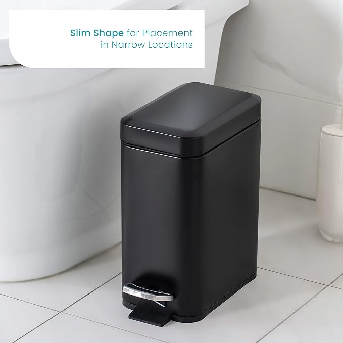 Home Zone Living 1.3 Gallon Small Bathroom Trash Can with Lid and Step Pedal, Stainless Steel Wastebasket with Slim Design for Home and Office, Matte Black, 5 Liters - Image 2