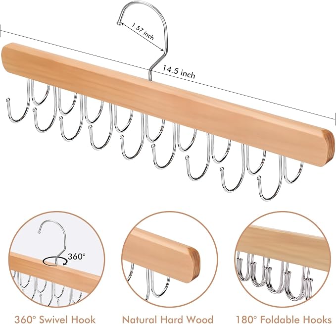 NECAMOCU 2 Pack Bra Hanger for Closet Organizer, Premium Wooden Tank Top Hangers with 36 Foldable Hooks, 360° Rotating Design, Space Saving Storage for Tank Tops, Bras, Scarves and More - Image 3