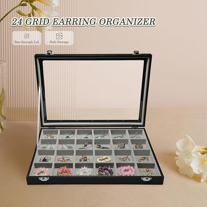 Stratalife Earring Organizer Velvet Jewelry Organizer Box 24 Grid Earring Tray Jewelry Display Jewelry Storage Jewelry Trays For Drawers Jewelry Display Case With Clasp (Gray Black) - Image 2