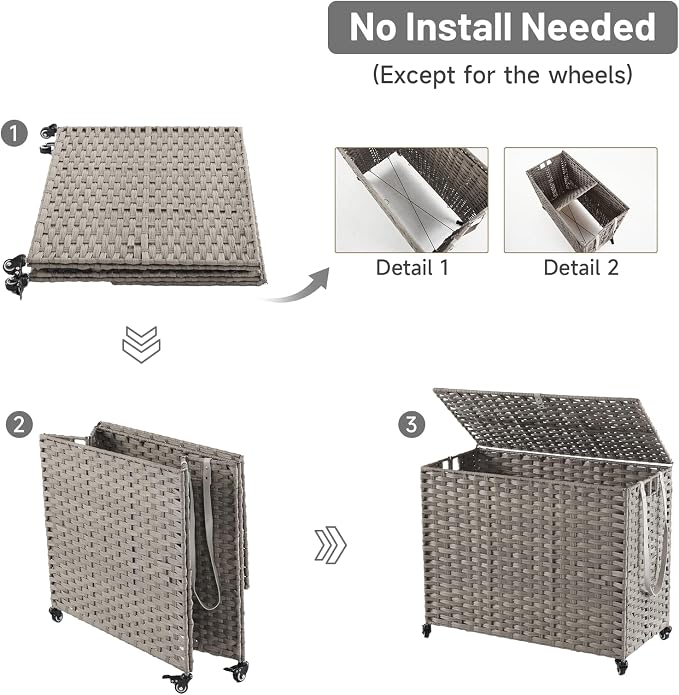 Laundry Hamper with Wheels, 52.8 Gallon(200L) Rolling Laundry Basket with Lid, 3-Section Rattan Clothes Hamper with 3 Removable Liner & 3 Mesh Bags, Laundry Sorter with Side Pocket, Grey - Image 7