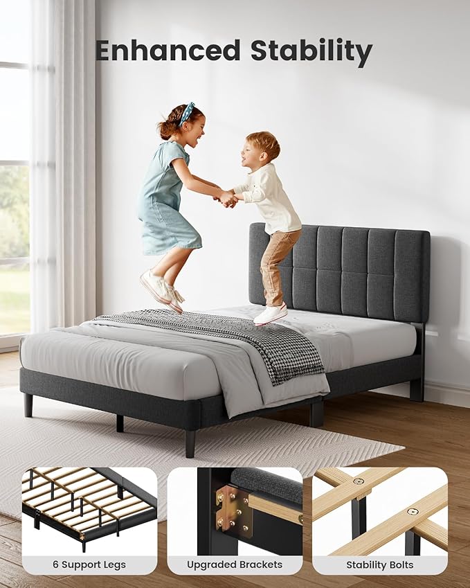 Pipishell Full Size Bed Frame with 12 Thickened Legs&Fabric Upholstered Headboard,1300 Lbs Weight Capacity, Adjustable Headboard, No Box Spring Needed, Easy Assembly, Underbed Storage（Solid Wooden）