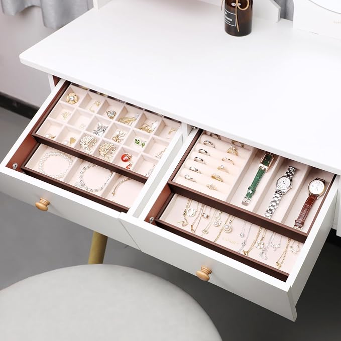 LANDICI Stackable Jewelry Organizer Trays 4 Set,PU Leather Jewelry Organizer Drawer,Jewelry Storage Display Tray for Earring Necklace Rings Bracelet with Removable Dividers,Coffee - Image 4