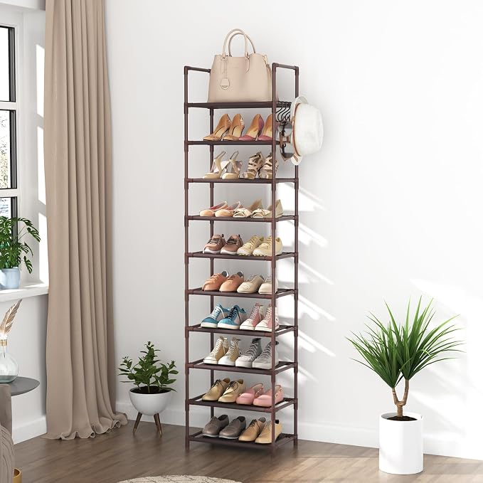 LANTEFUL 10 Tiers Tall Shoe Rack 20-25 Pairs Boots Organizer Storage Sturdy Narrow Shoe Shelf for Entryway, Closets with Hooks, Brown - Image 7