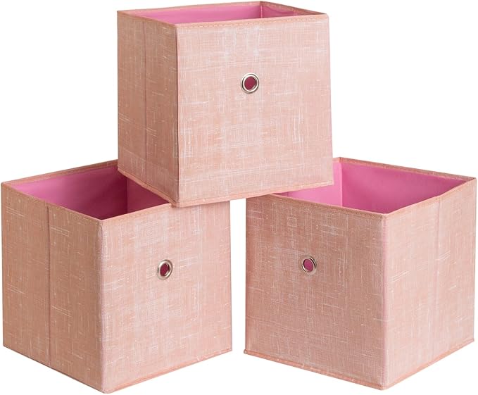 Foldable Storage Cubes Bins ,11 Inch Cloth Storage Cube Fabric Storage Box Cubes Organizer Baskets with Handles for Home Organizer Set of 3 (Cowboy Pink) by NieEnjoy