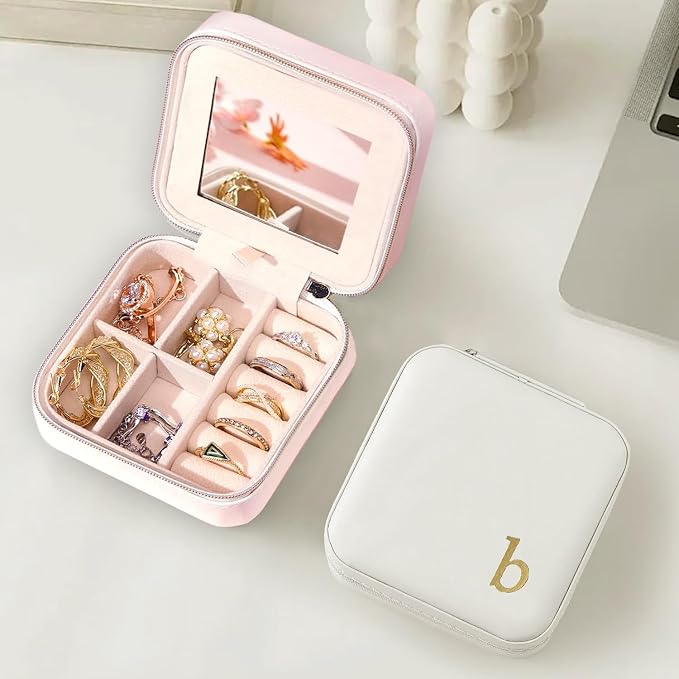 COLLECTIVE HOME - Travel Jewelry Case, Elegant Square Design with Gold Engraved Monogram, Built-in Mirror, Personalized Accessory Organizer for Rings, Necklaces, Gift for Women and Teens (b) - Image 2