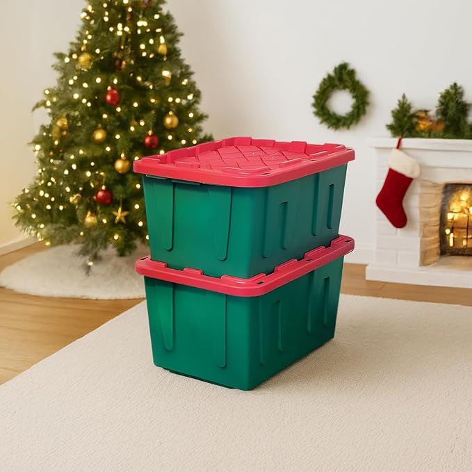 HOMZ 2-Pack Durabilt, Heavy Duty Plastic Storage Bins with Lids, 27 Gallon, Green/Red - Stackable Container Boxes for Holiday, Attic, and Garage Organization - Image 8