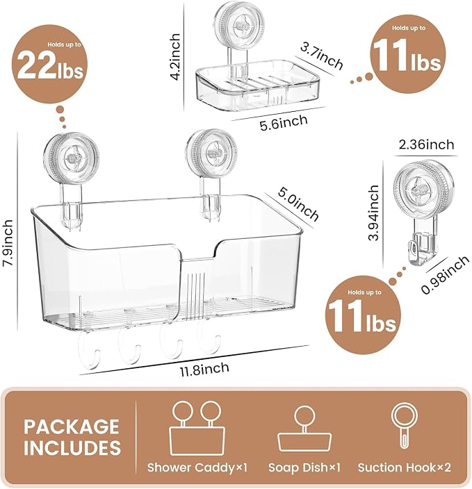 LUXEAR Suction Cup Shower Caddy Clear - Shower Caddy+Soap Dish+Suction Hooks - 1 Second Installation NO-Drilling Removable Powerful Waterproof Shower Organizer for inside Shower Bathroom - Image 2