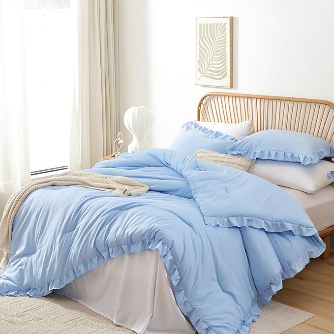 JANZAA Ruffle Light Blue Comforter Set Queen Size Comforter 3PCS 1 Emerald Comforter and 2 Pillowcases Vintage Farmhouse Shabby Chic Bedding Soft Fluffy Comforter Set All Season (Light Blue, Queen)