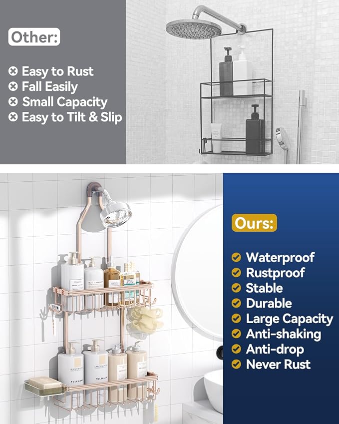YASONIC Shower Caddy Hanging, Never Rust Shower Organizer Hanging, Aluminum Shower Racks for Inside Shower with Hooks for Razor, Bathroom Organizers and Storage with Soap Holder, Rose Gold - Image 9